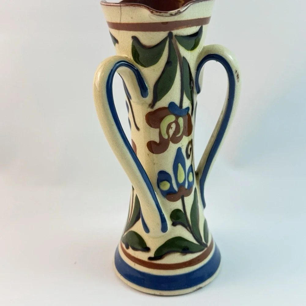ART NOUVEAU VASE Motto Ware Triple Handled Vase Torquay Pottery Scarce FLAWED
